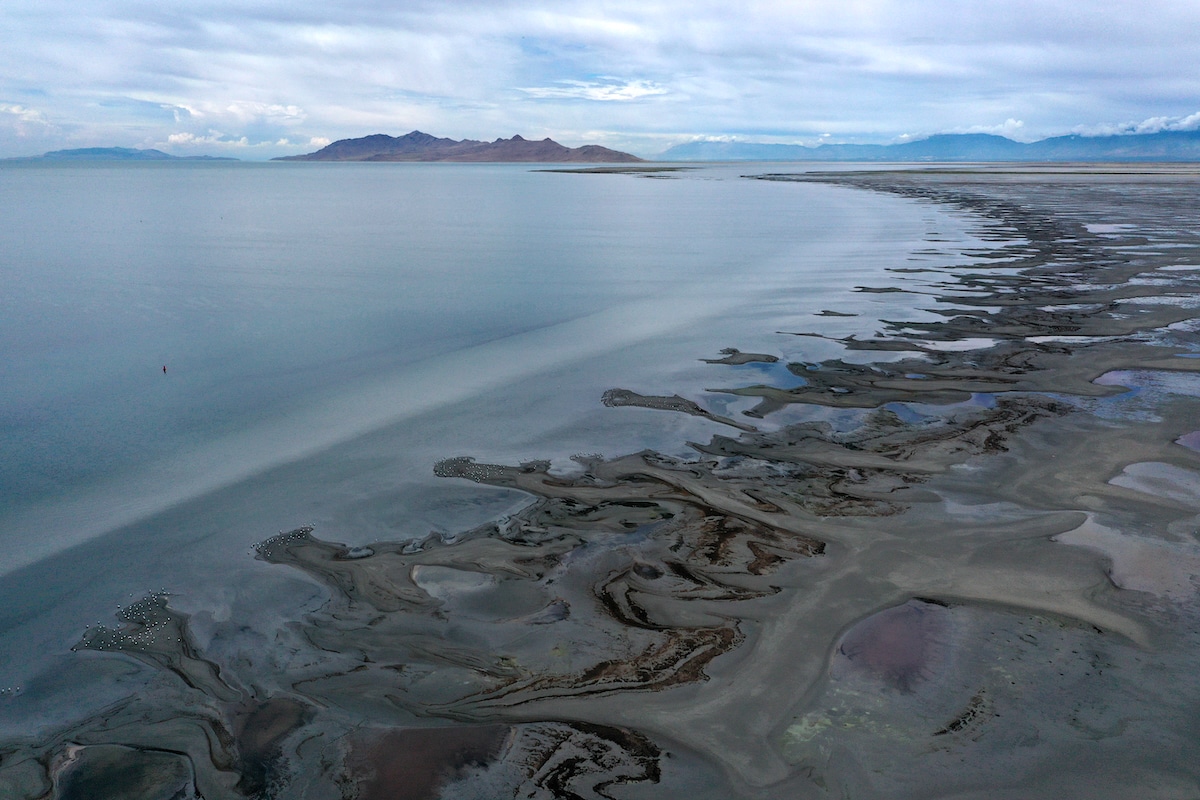 An aerial view low water levels from extreme drought at the Great Salt Lake near Magna, Utah