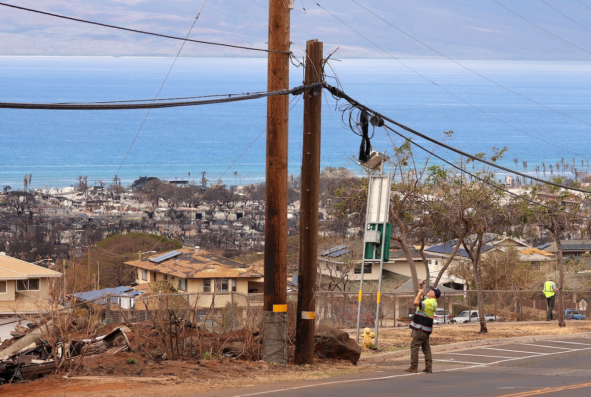 A fire investigator inspects a site believed to be the origin of a deadly wildfire, where a power pole transformer had exploded due to high winds, in Lahaina, Hawaii