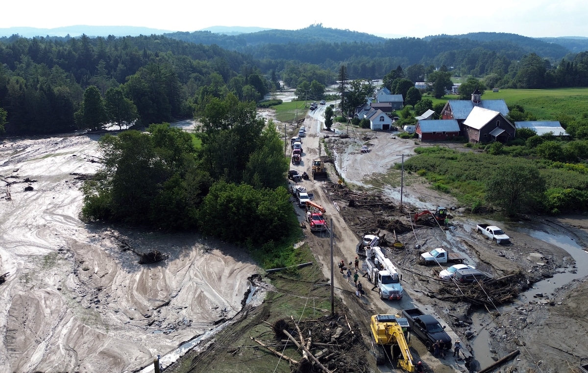 Aerial view of the aftermath of flash flooding on Red Village Road in Lyndonville, Vermont